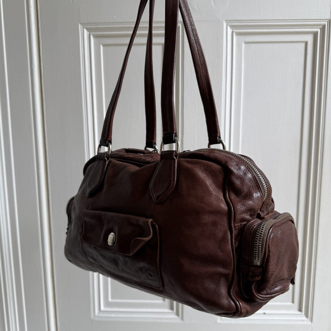 Prada Washed Bauletto Brown Leather Shoulder Bag