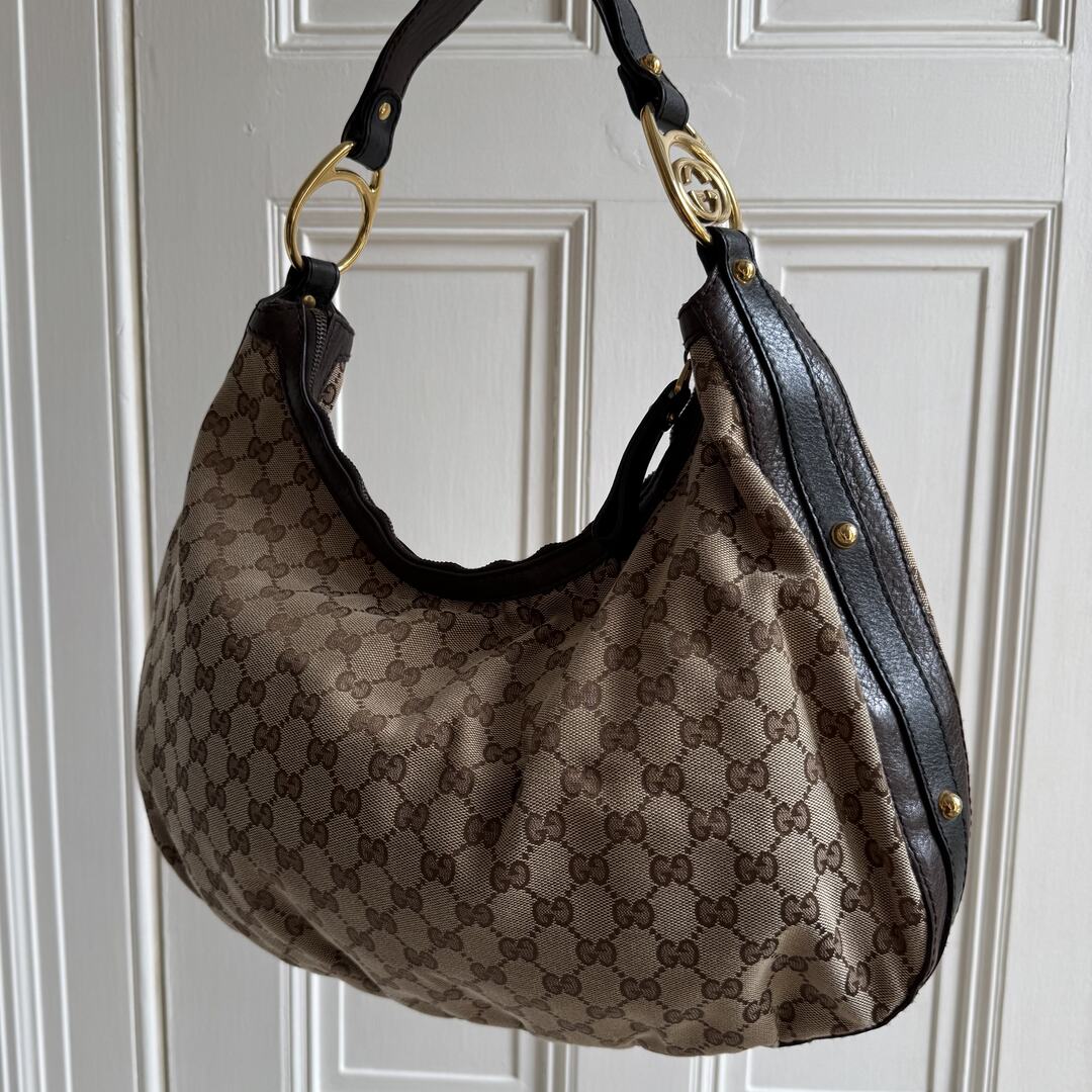 Gucci GG Canvas Interlocking G Large Hobo Brown Shoulder Bag
