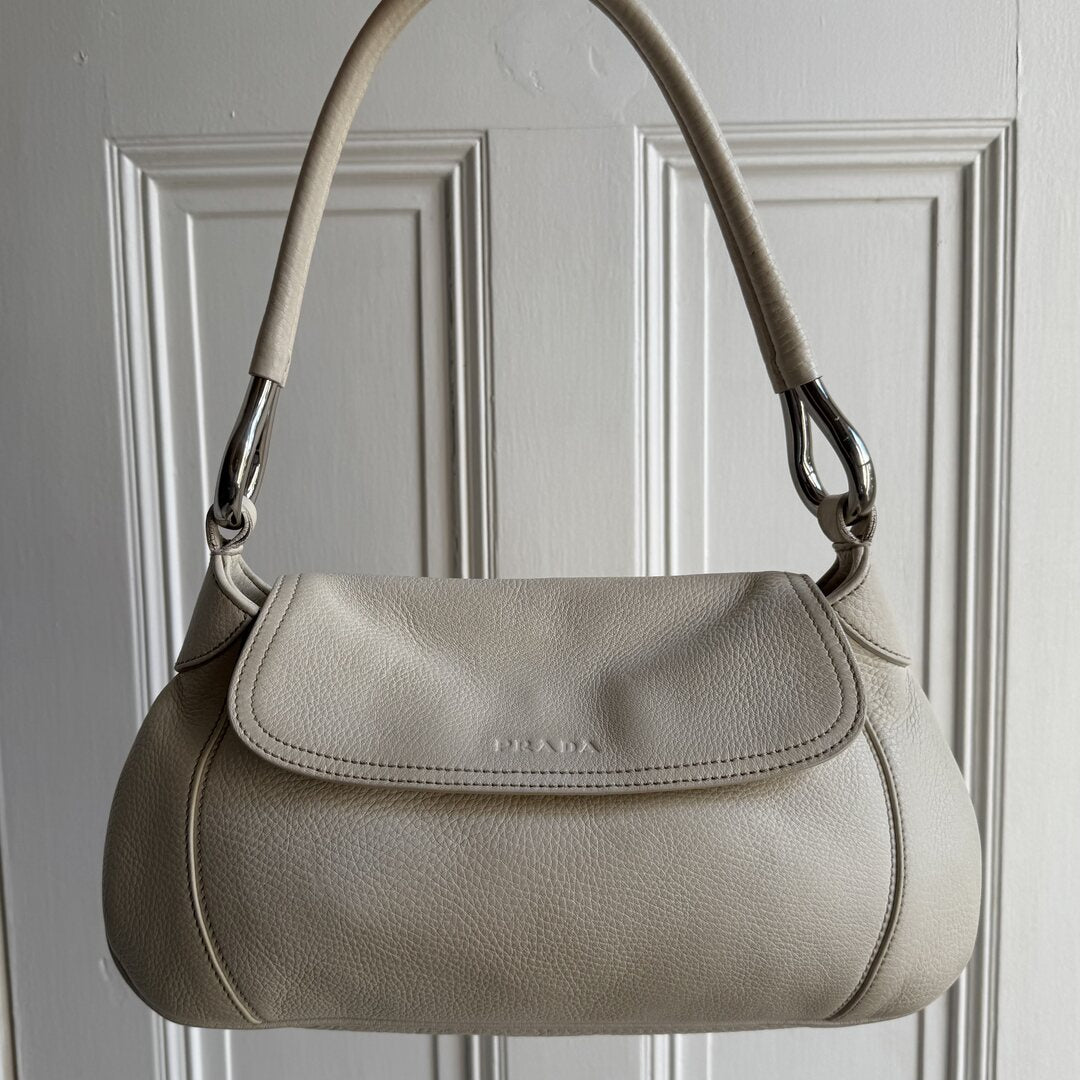 2003 Prada Hobo VItello Daino Leather White Shoulder Bag