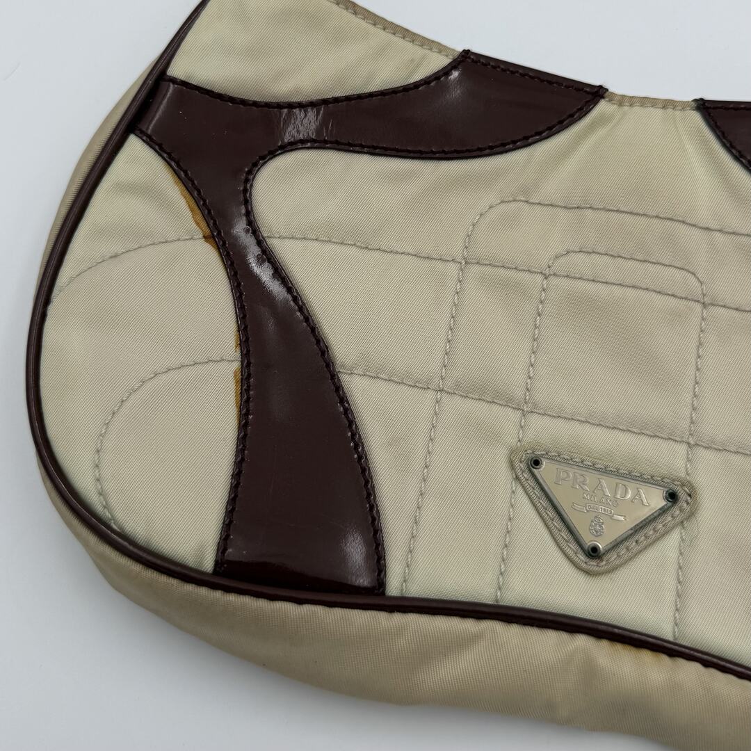 2000 S/S Prada Stitched Nylon Cream / Brown Mini Shoulder Bag
