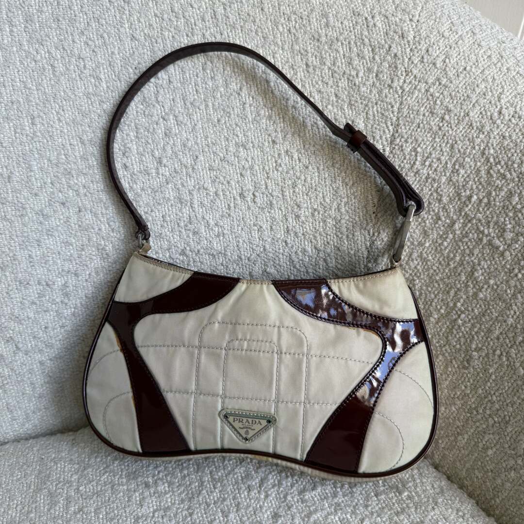 2000 S/S Prada Stitched Nylon Cream / Brown Mini Shoulder Bag