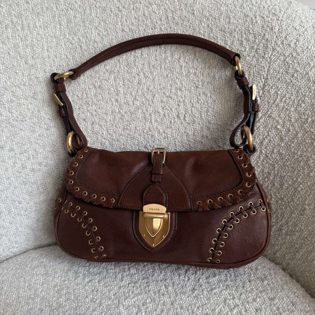 Prada Whipstitch Grommet Brown Leather Shoulder Bag