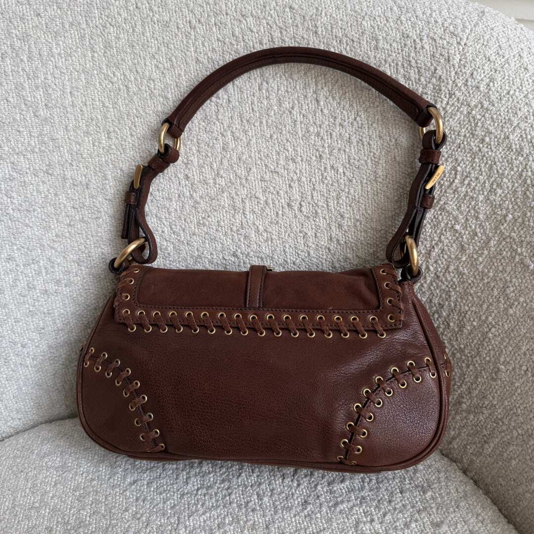 Prada Whipstitch Grommet Brown Leather Shoulder Bag