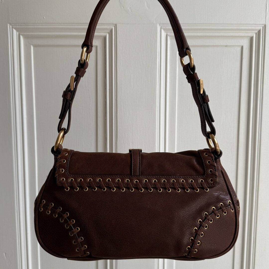 Prada Whipstitch Grommet Brown Leather Shoulder Bag