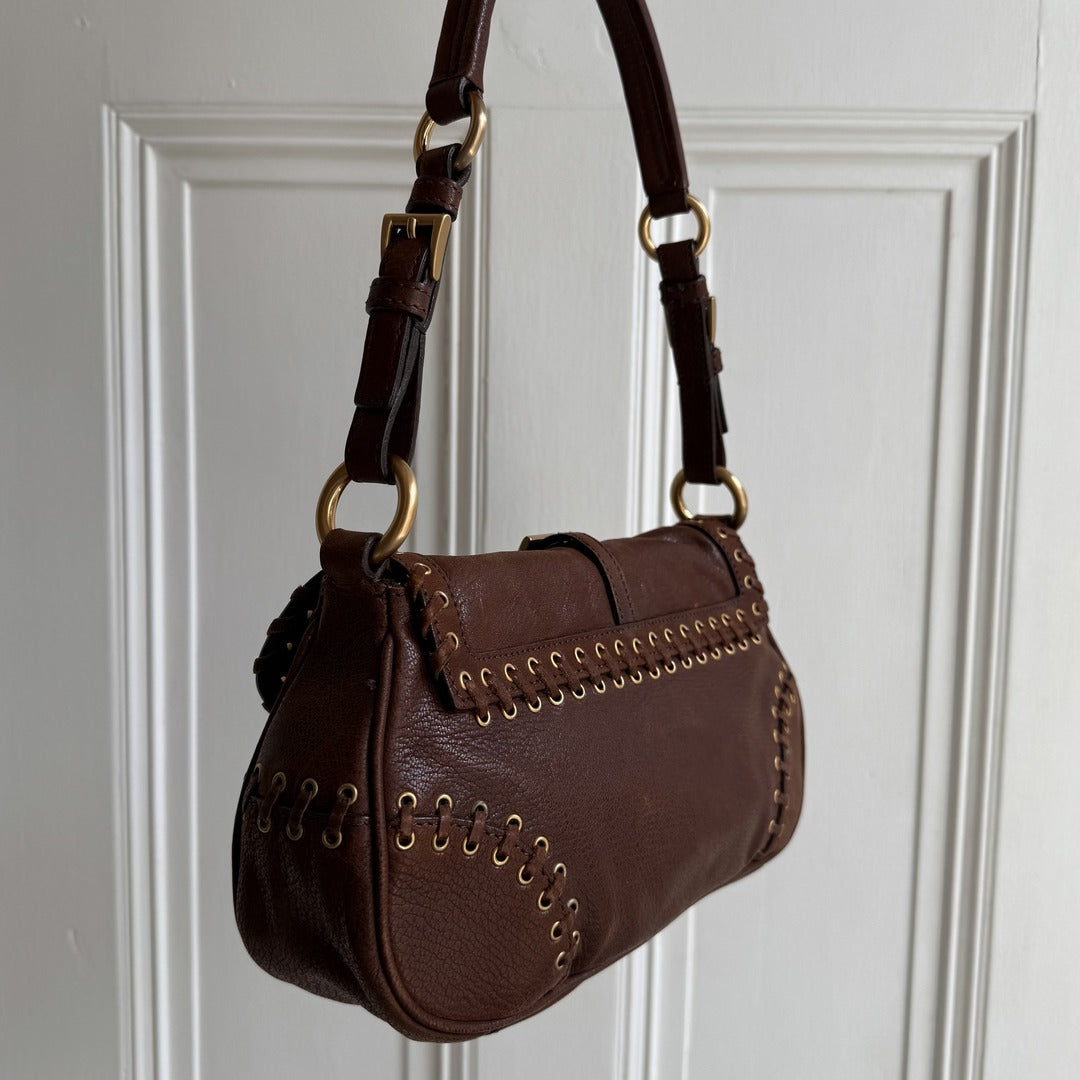 Prada Whipstitch Grommet Brown Leather Shoulder Bag