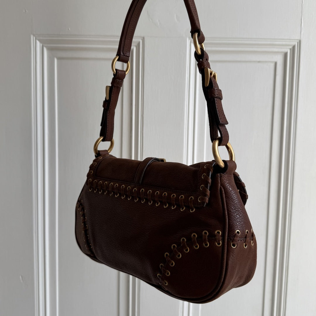 Prada Whipstitch Grommet Brown Leather Shoulder Bag