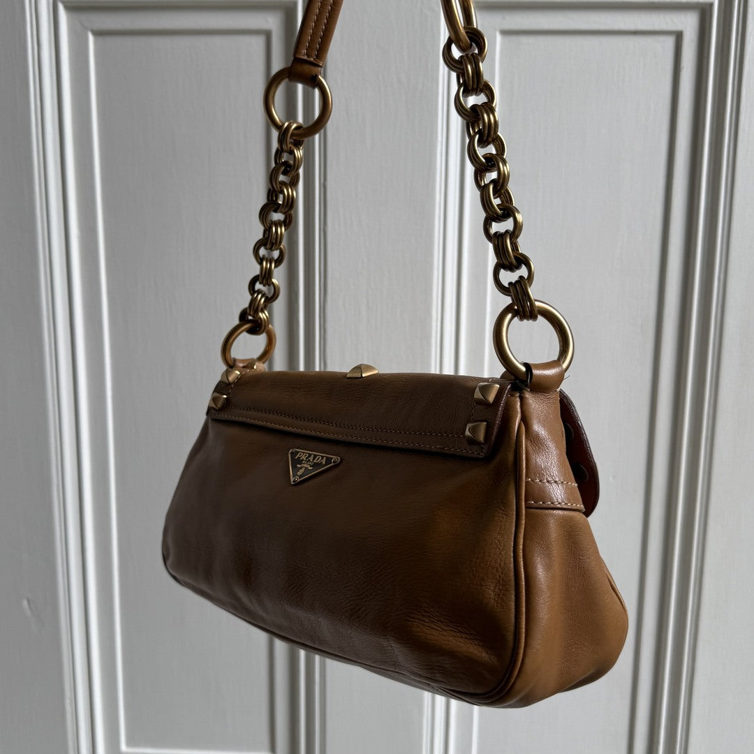 Prada Borchie Studded Brown Leather Shoulder Bag