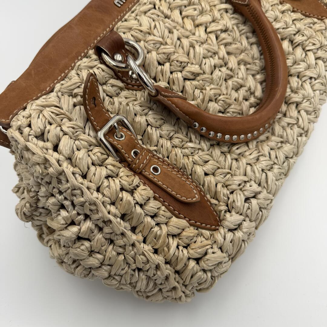 Miu Miu Straw Cream Raffia Brown Leather Tote Bag