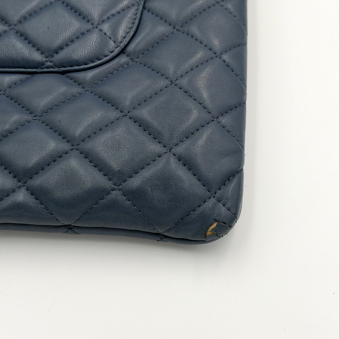2016 Chanel Timeless CC Quilted Blue Leather Clutch Bag