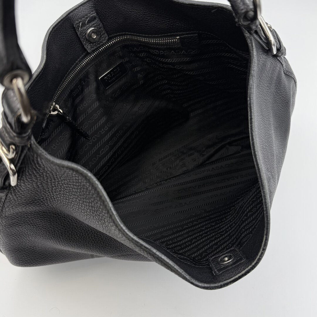 Prada Vitello Phenix Logo Embossed Hobo Black Shoulder Bag