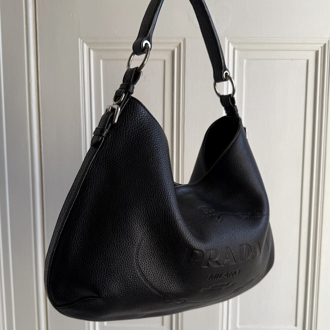 Prada Vitello Phenix Logo Embossed Hobo Black Shoulder Bag