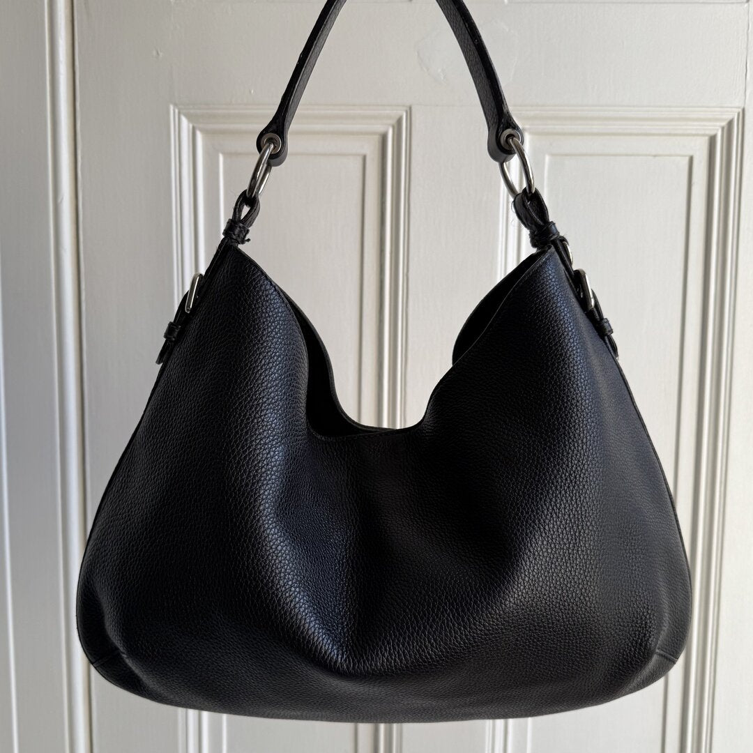 Prada Vitello Phenix Logo Embossed Hobo Black Shoulder Bag