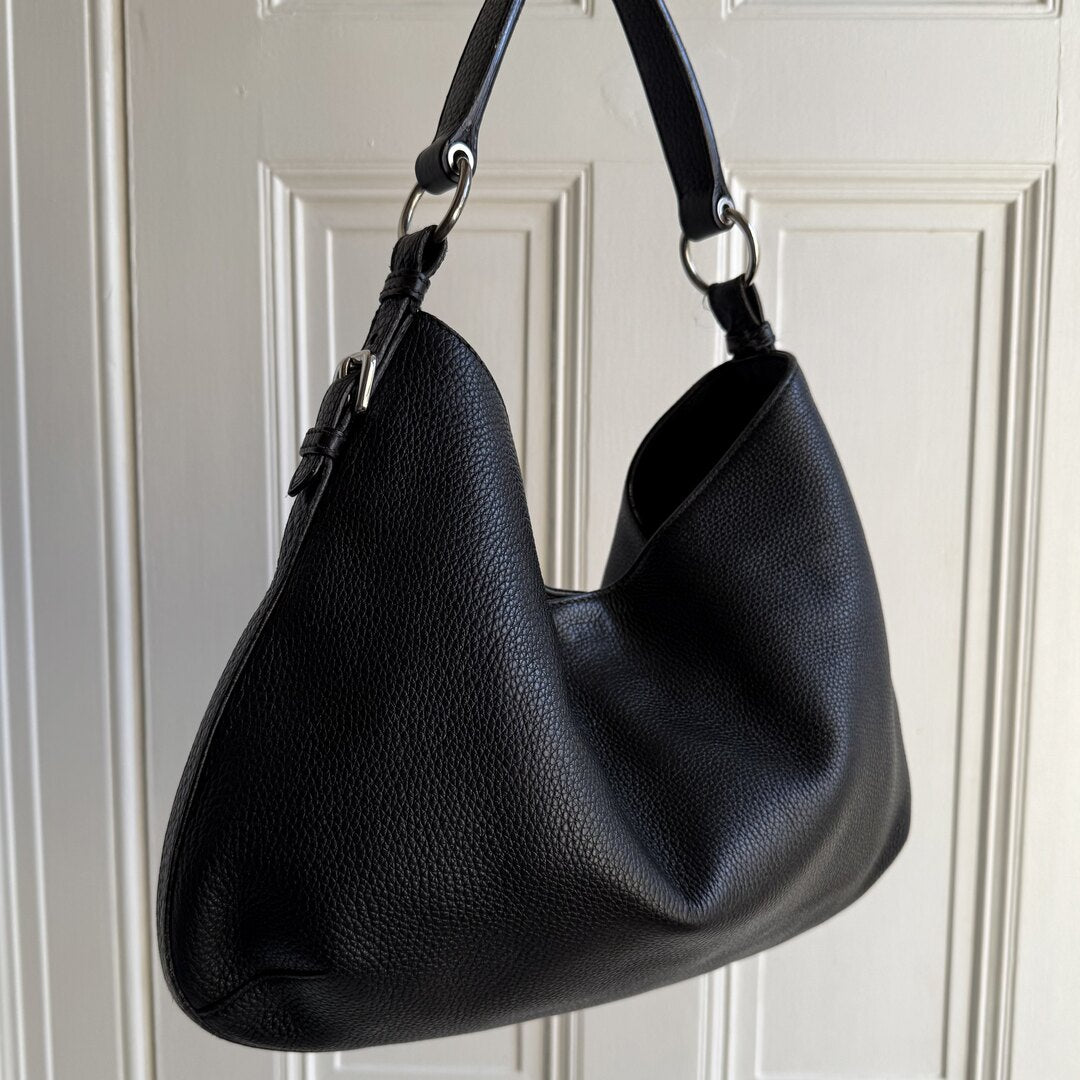 Prada Vitello Phenix Logo Embossed Hobo Black Shoulder Bag