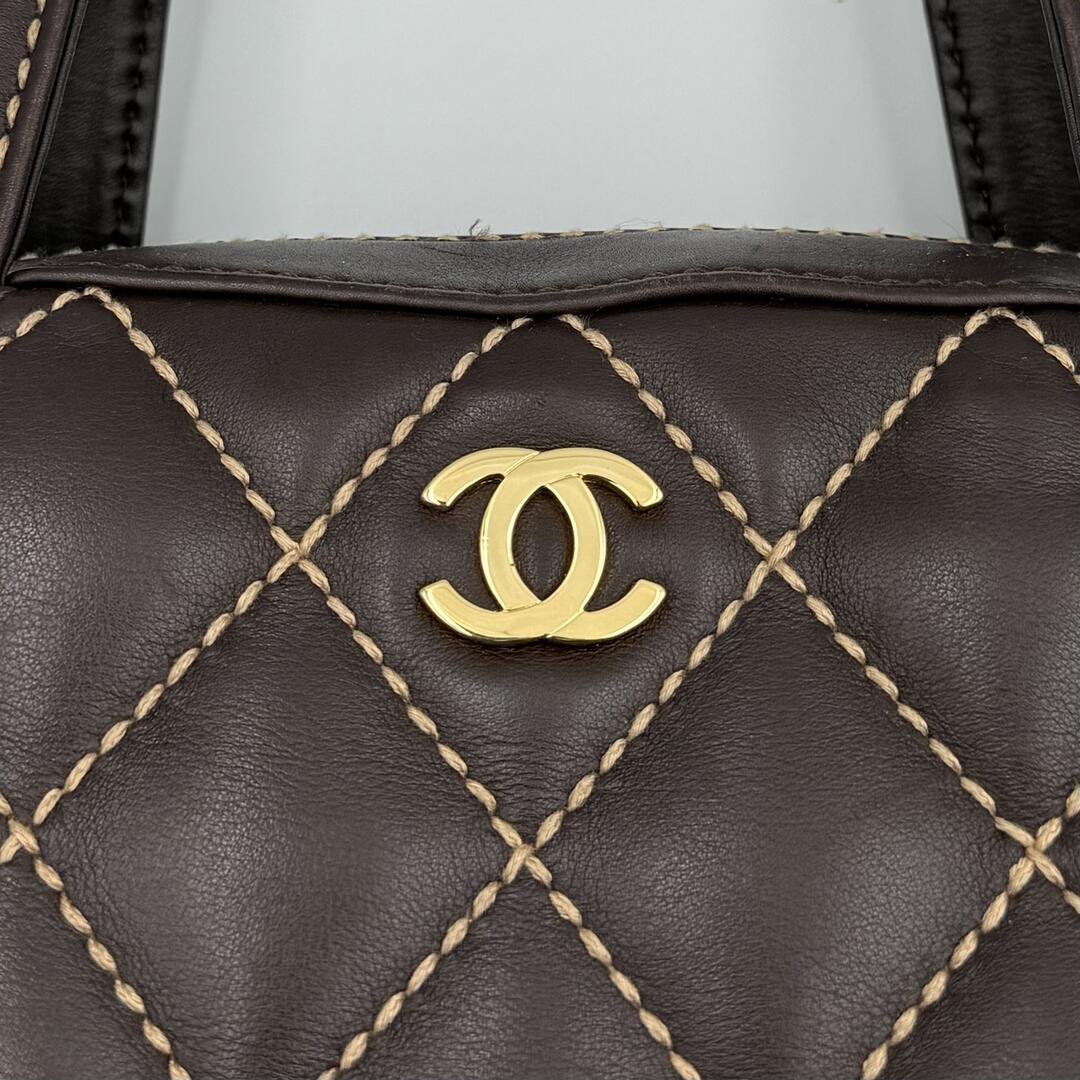 2002 Chanel CC Surpique Wild Stitch Brown Leather Handbag