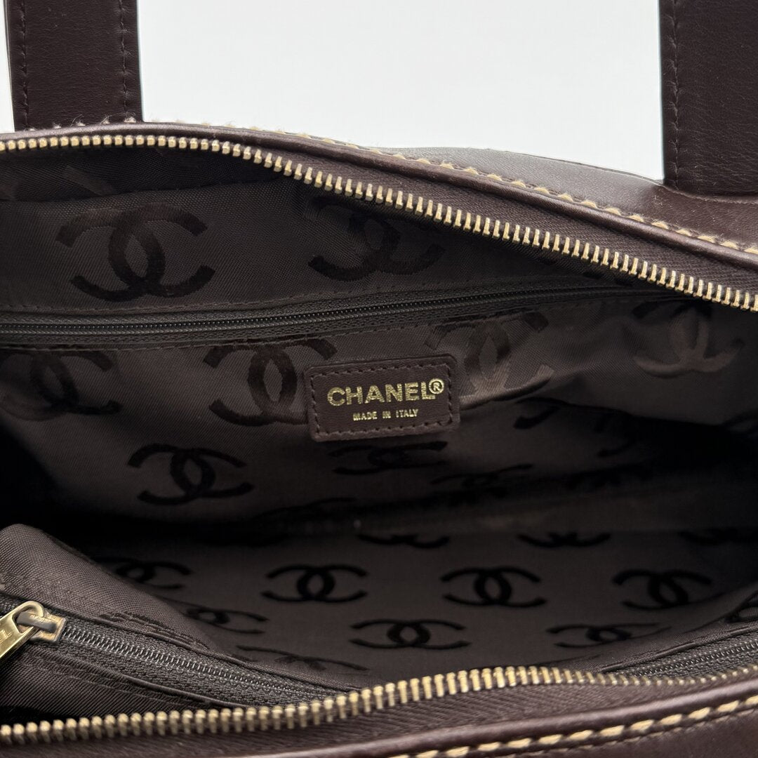 2002 Chanel CC Surpique Wild Stitch Brown Leather Handbag