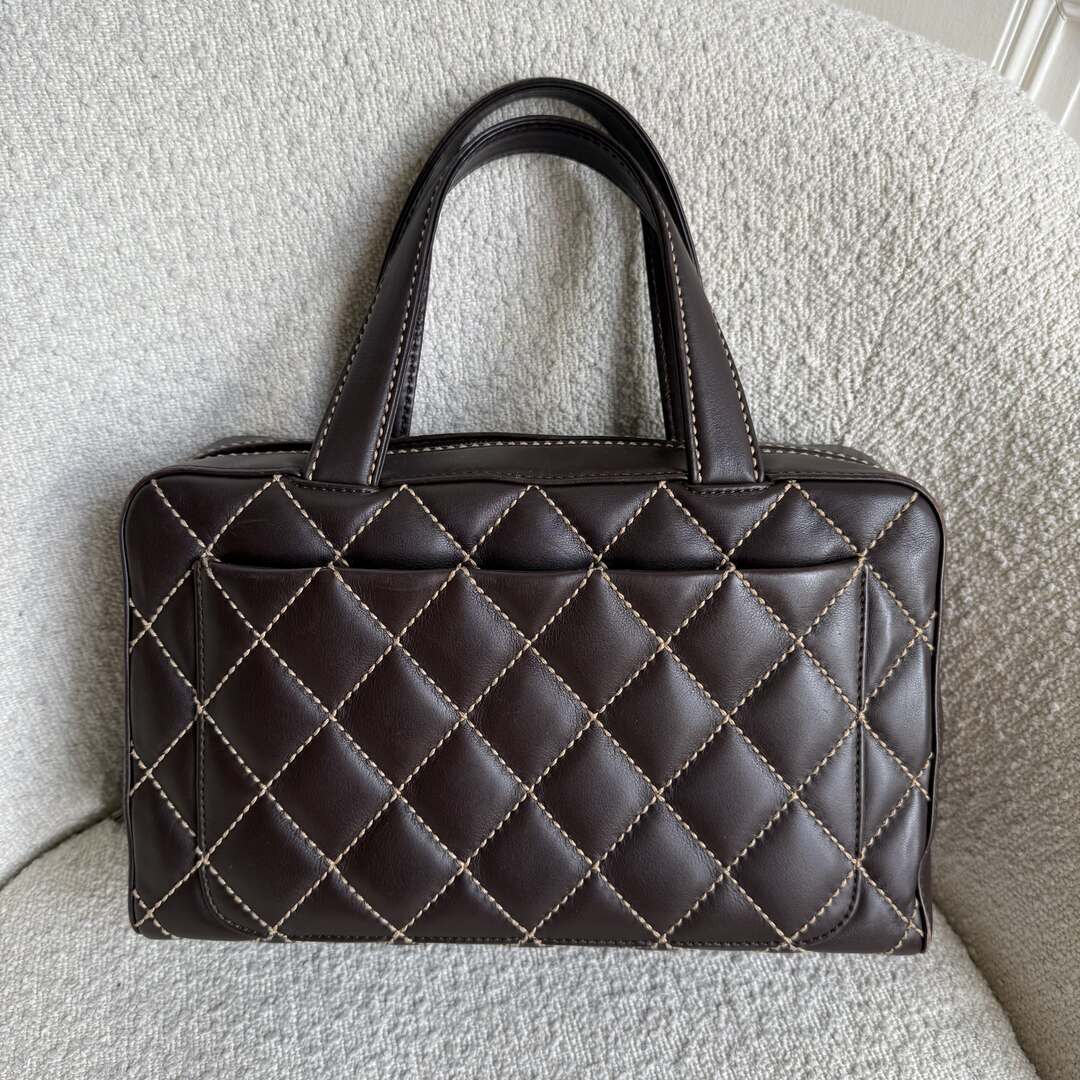 2002 Chanel CC Surpique Wild Stitch Brown Leather Handbag