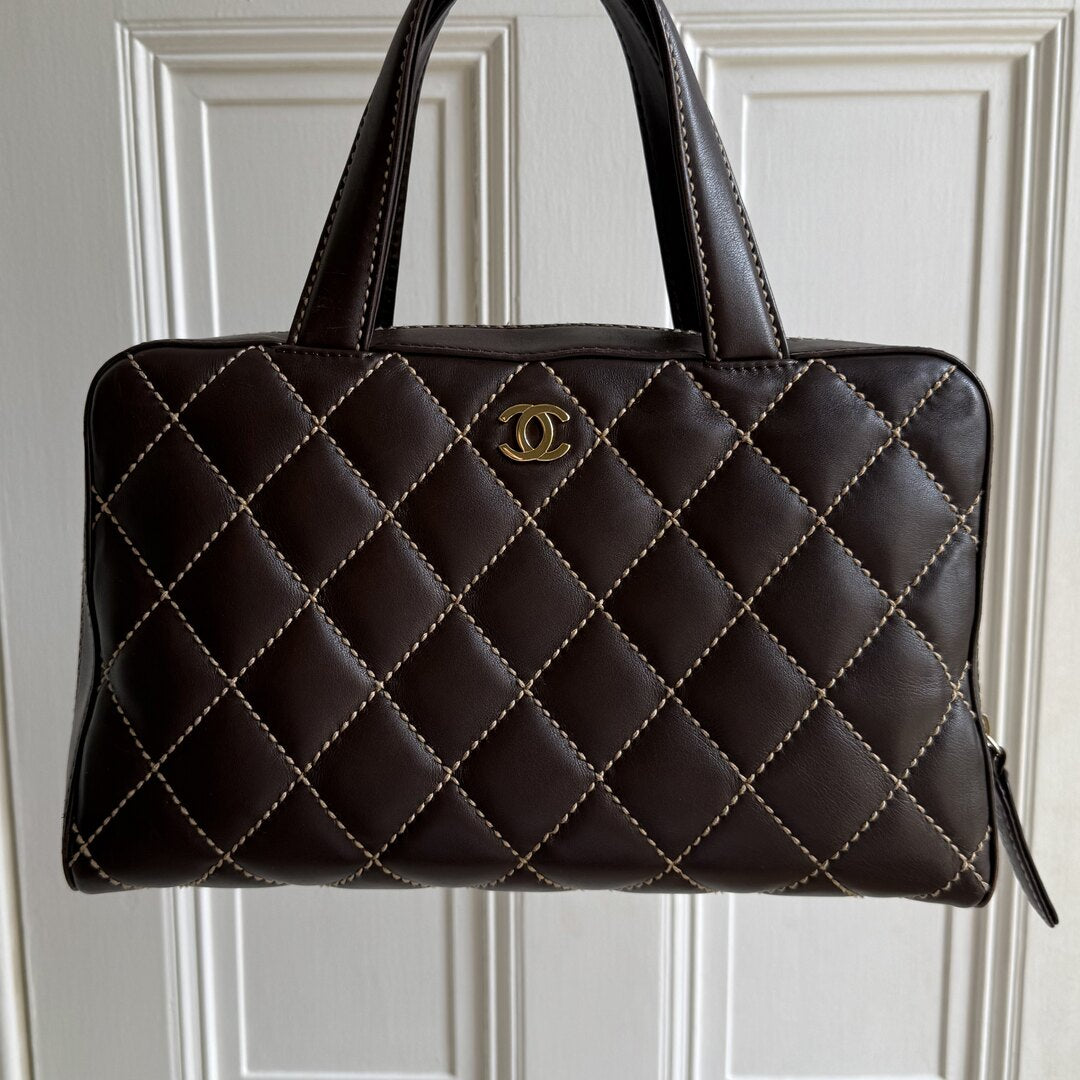 2002 Chanel CC Surpique Wild Stitch Brown Leather Handbag