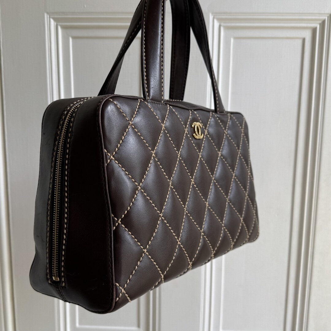 2002 Chanel CC Surpique Wild Stitch Brown Leather Handbag