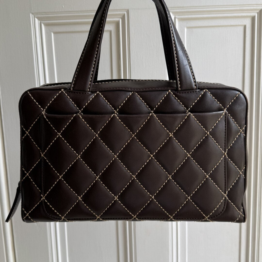 2002 Chanel CC Surpique Wild Stitch Brown Leather Handbag
