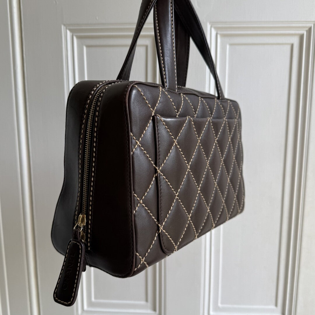 2002 Chanel CC Surpique Wild Stitch Brown Leather Handbag