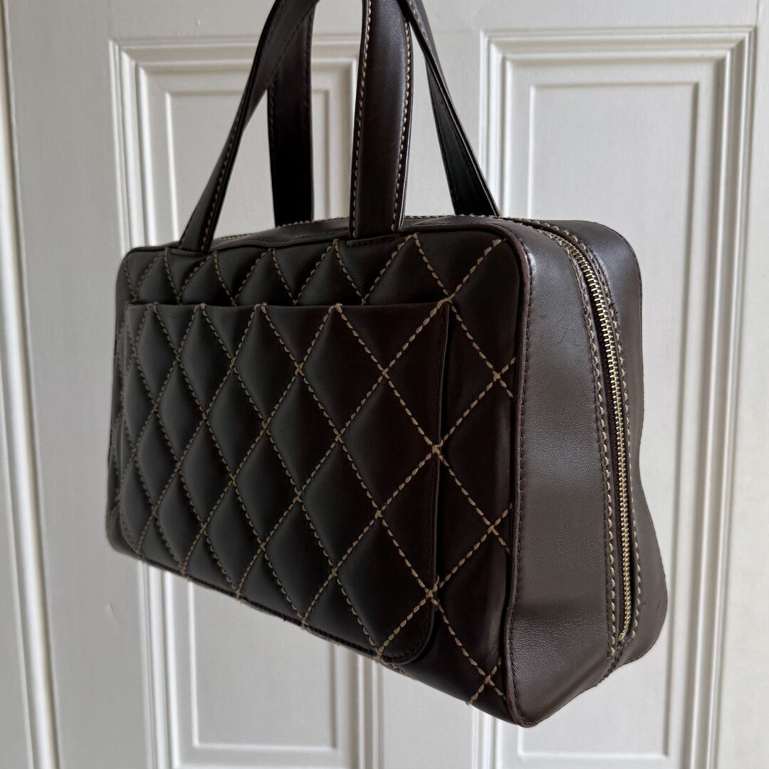 2002 Chanel CC Surpique Wild Stitch Brown Leather Handbag