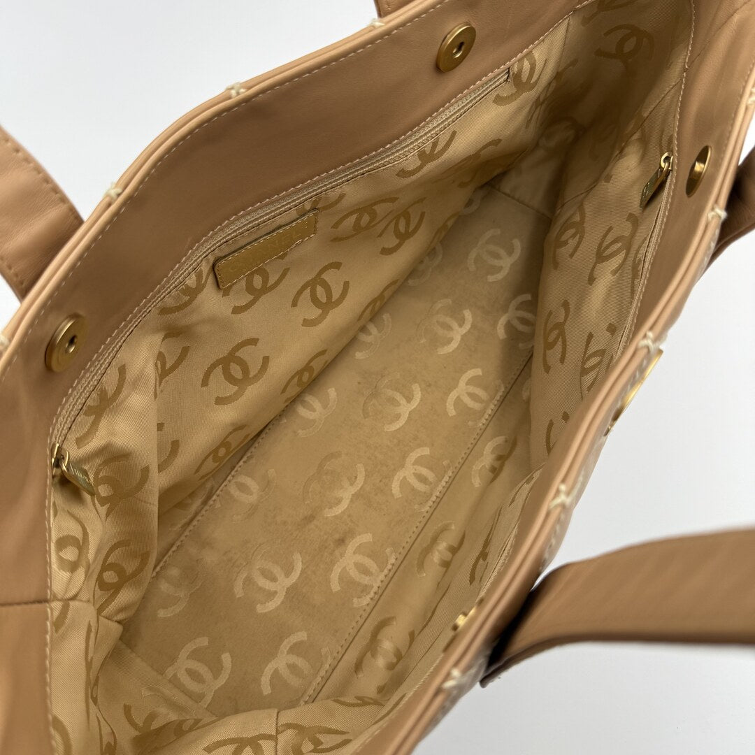 2004 Chanel CC Surpique Wild Stitch Caramel Brown Leather Tote Bag