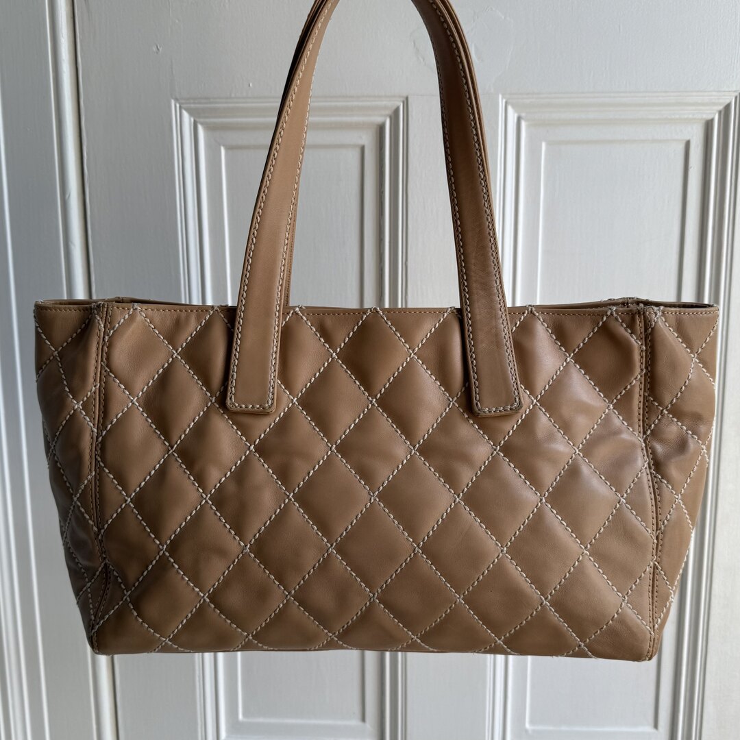 2004 Chanel CC Surpique Wild Stitch Caramel Brown Leather Tote Bag