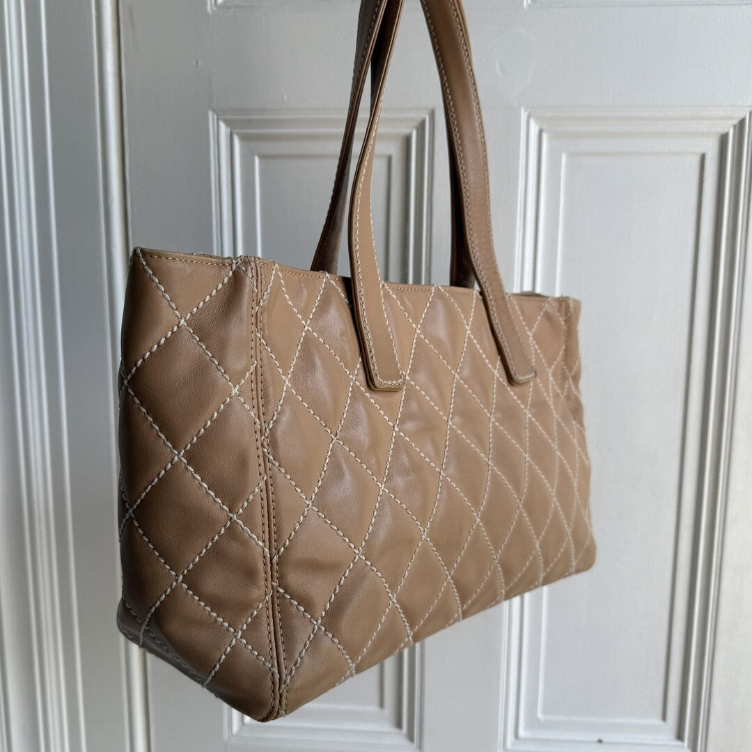 2004 Chanel CC Surpique Wild Stitch Caramel Brown Leather Tote Bag