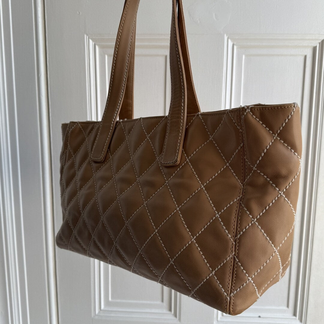 2004 Chanel CC Surpique Wild Stitch Caramel Brown Leather Tote Bag