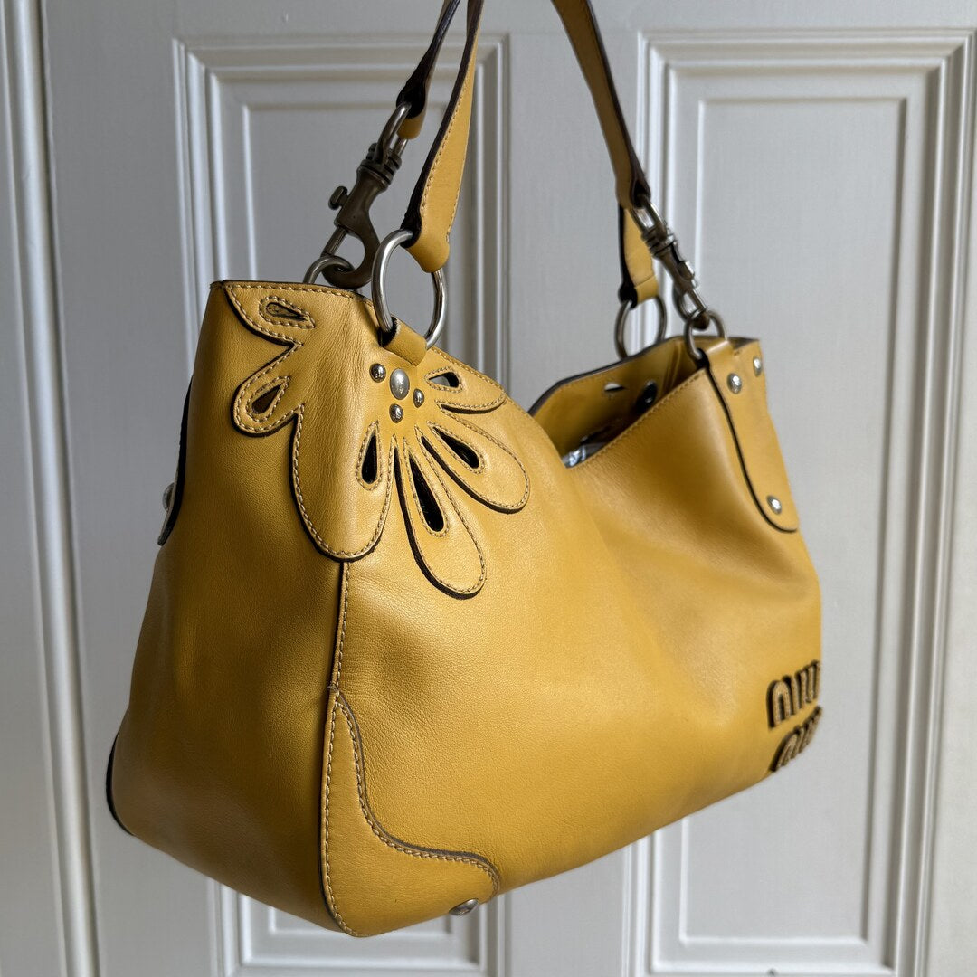 Rare Miu Miu Flower Hobo Leather Yellow Shoulder Bag