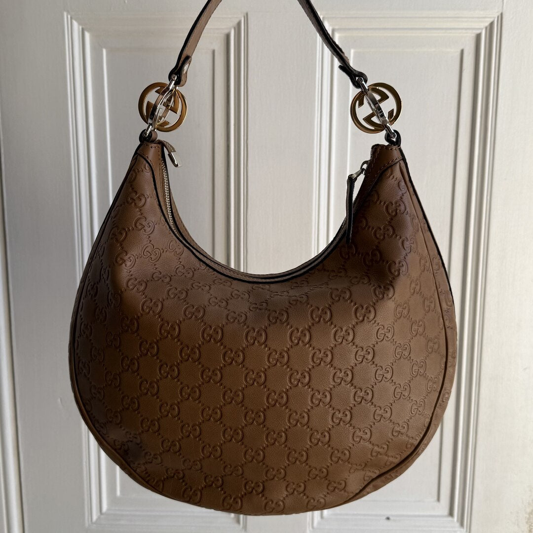 Gucci Guccissima Twins Hobo Brown Leather Shoulder Bag