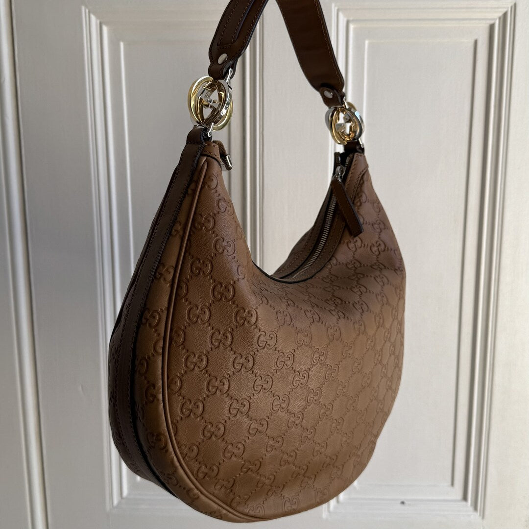 Gucci Guccissima Twins Hobo Brown Leather Shoulder Bag