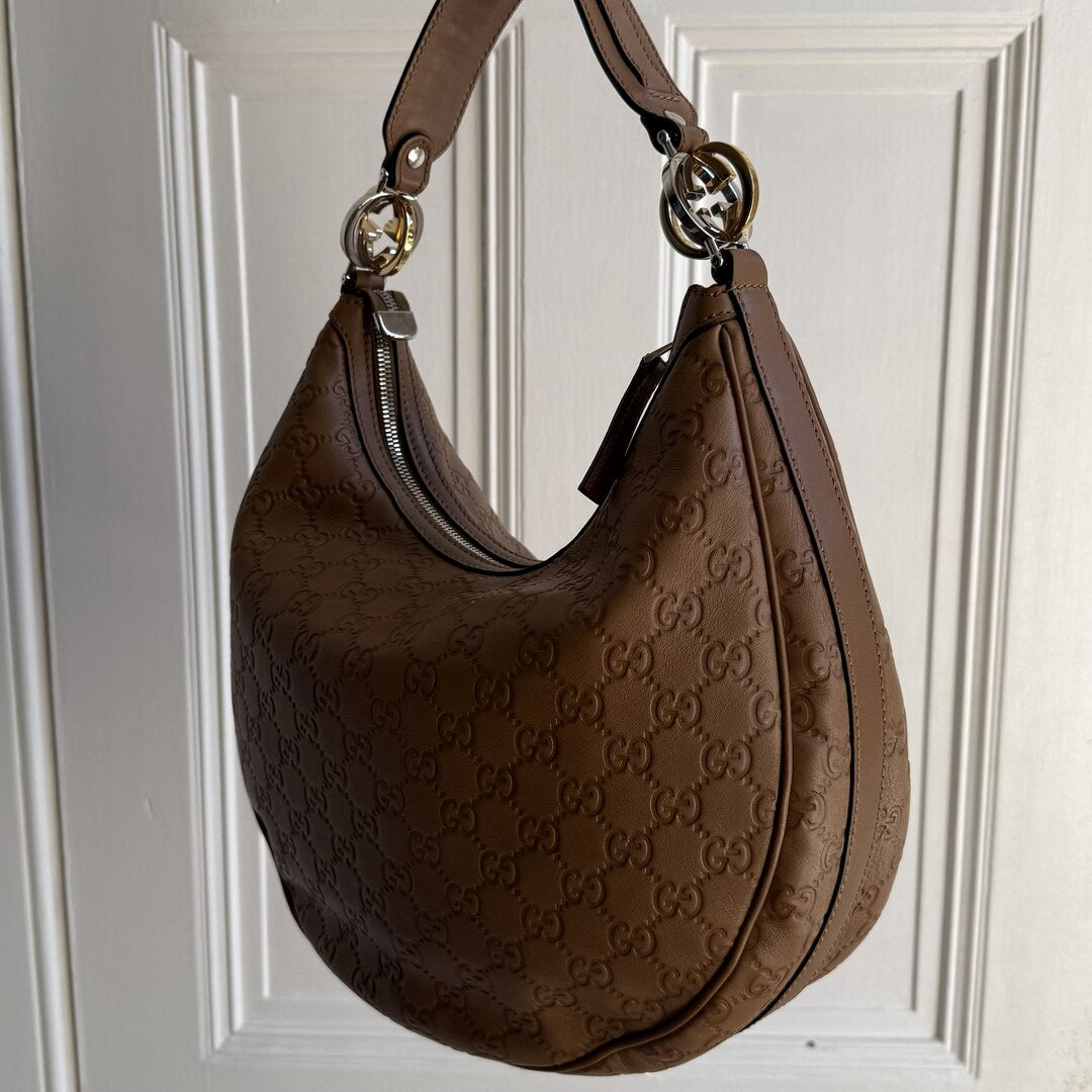 Gucci Guccissima Twins Hobo Brown Leather Shoulder Bag