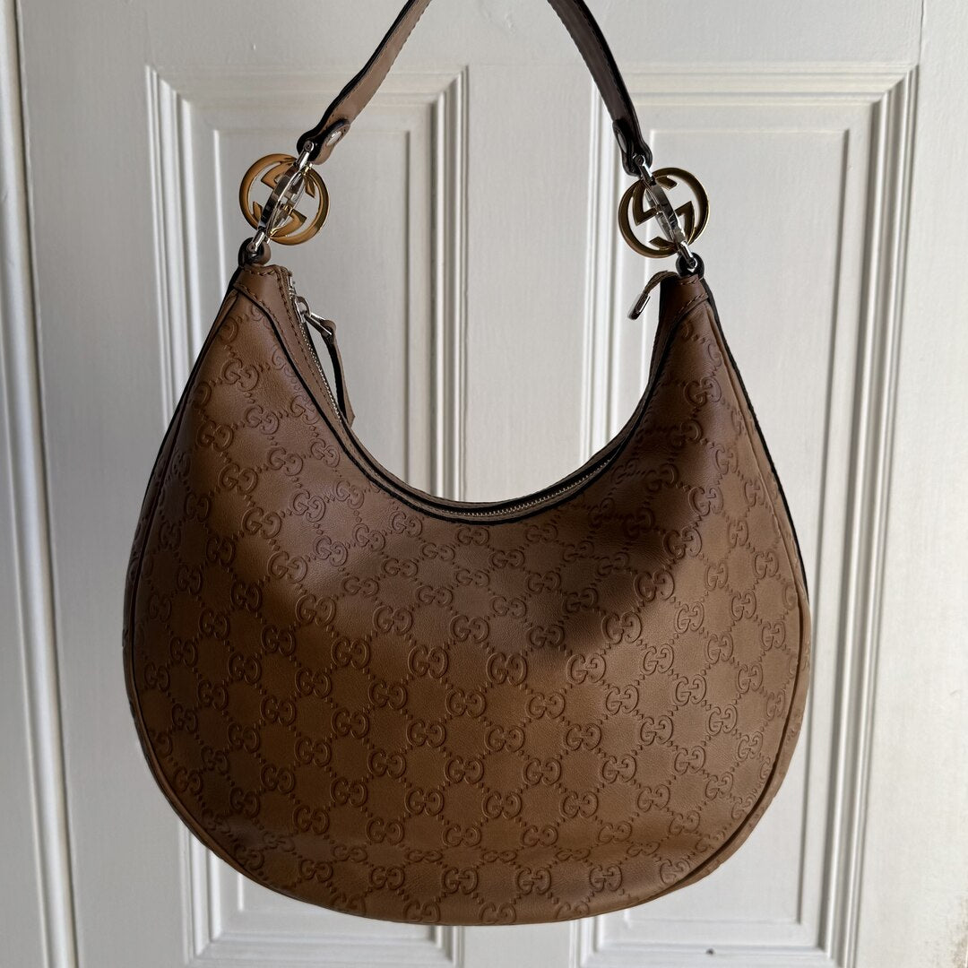 Gucci Guccissima Twins Hobo Brown Leather Shoulder Bag