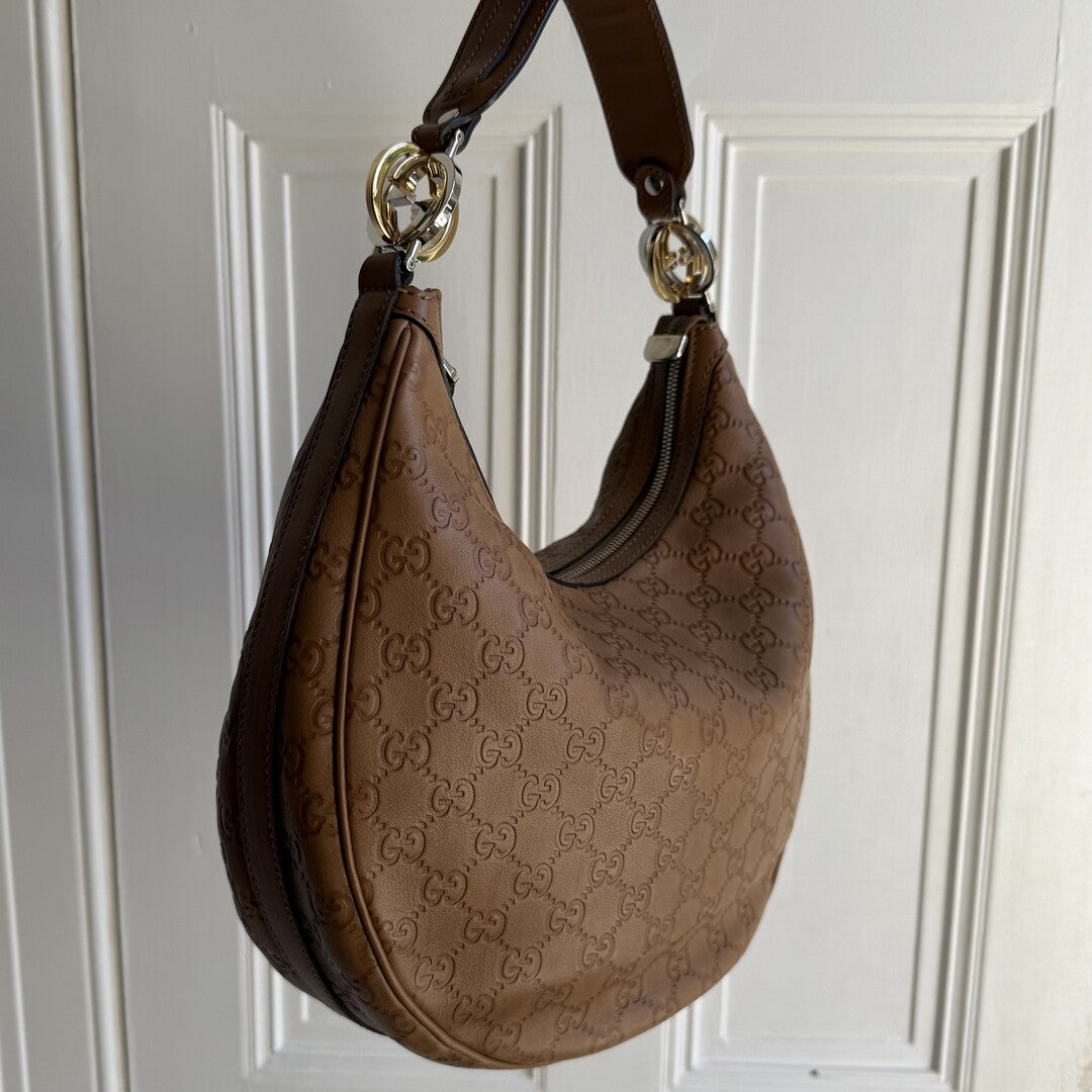 Gucci Guccissima Twins Hobo Brown Leather Shoulder Bag