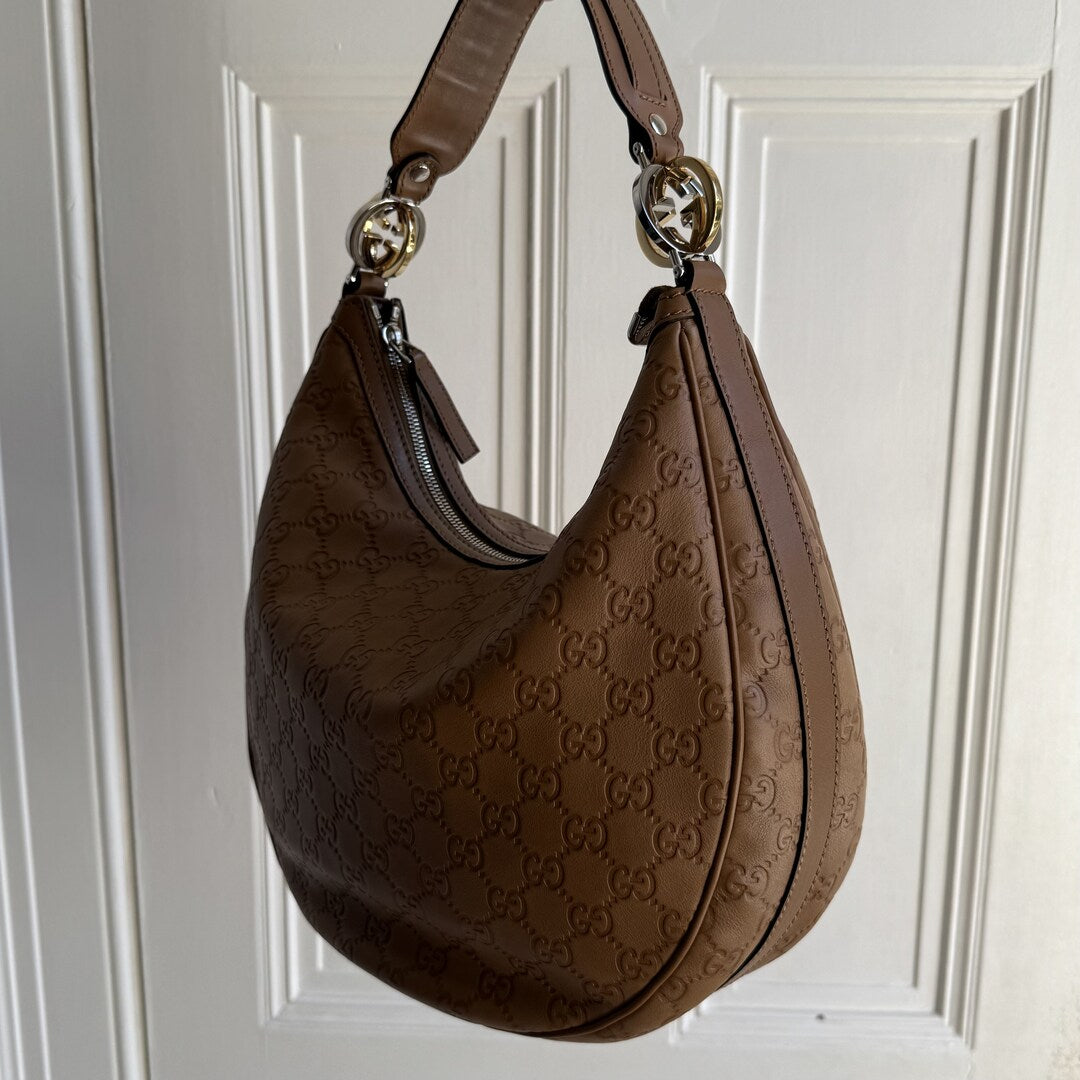 Gucci Guccissima Twins Hobo Brown Leather Shoulder Bag