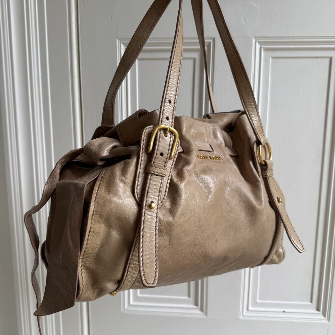 Miu Miu Vitello Leather Beige Tote Bag