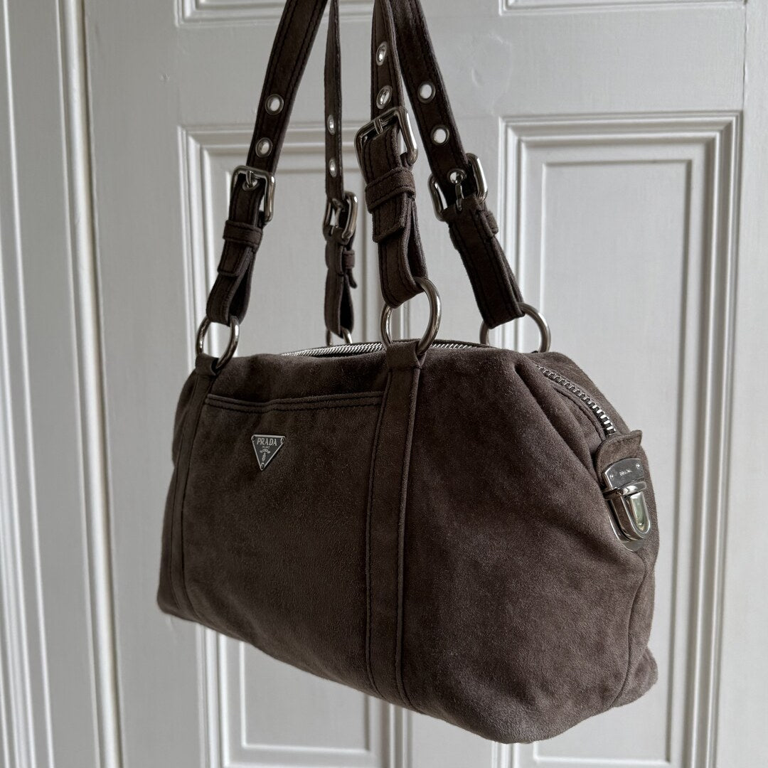 Prada Suede Grey Leather Shoulder Bag