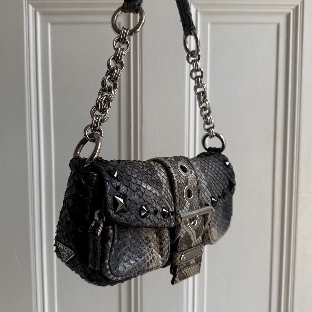 Prada Python Catena Leather Buckle Shoulder Bag