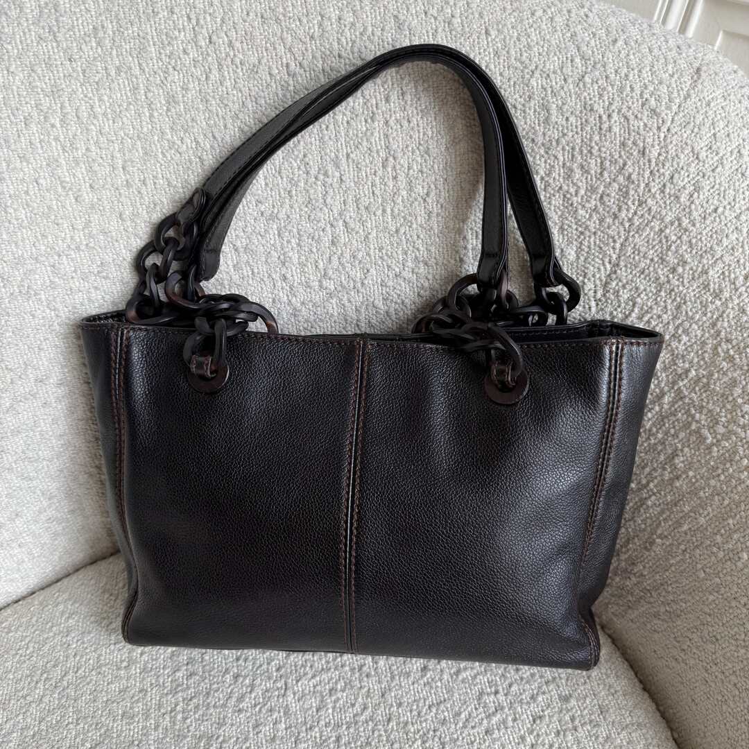 Chanel CC Caviar Leather Wood Chain Dark Brown Tote Bag
