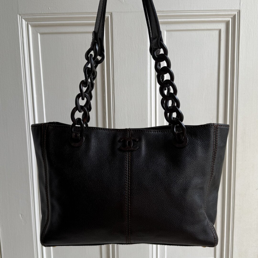 Chanel CC Caviar Leather Wood Chain Dark Brown Tote Bag