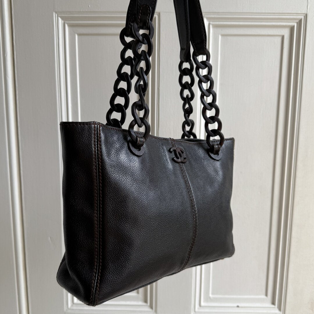 Chanel CC Caviar Leather Wood Chain Dark Brown Tote Bag