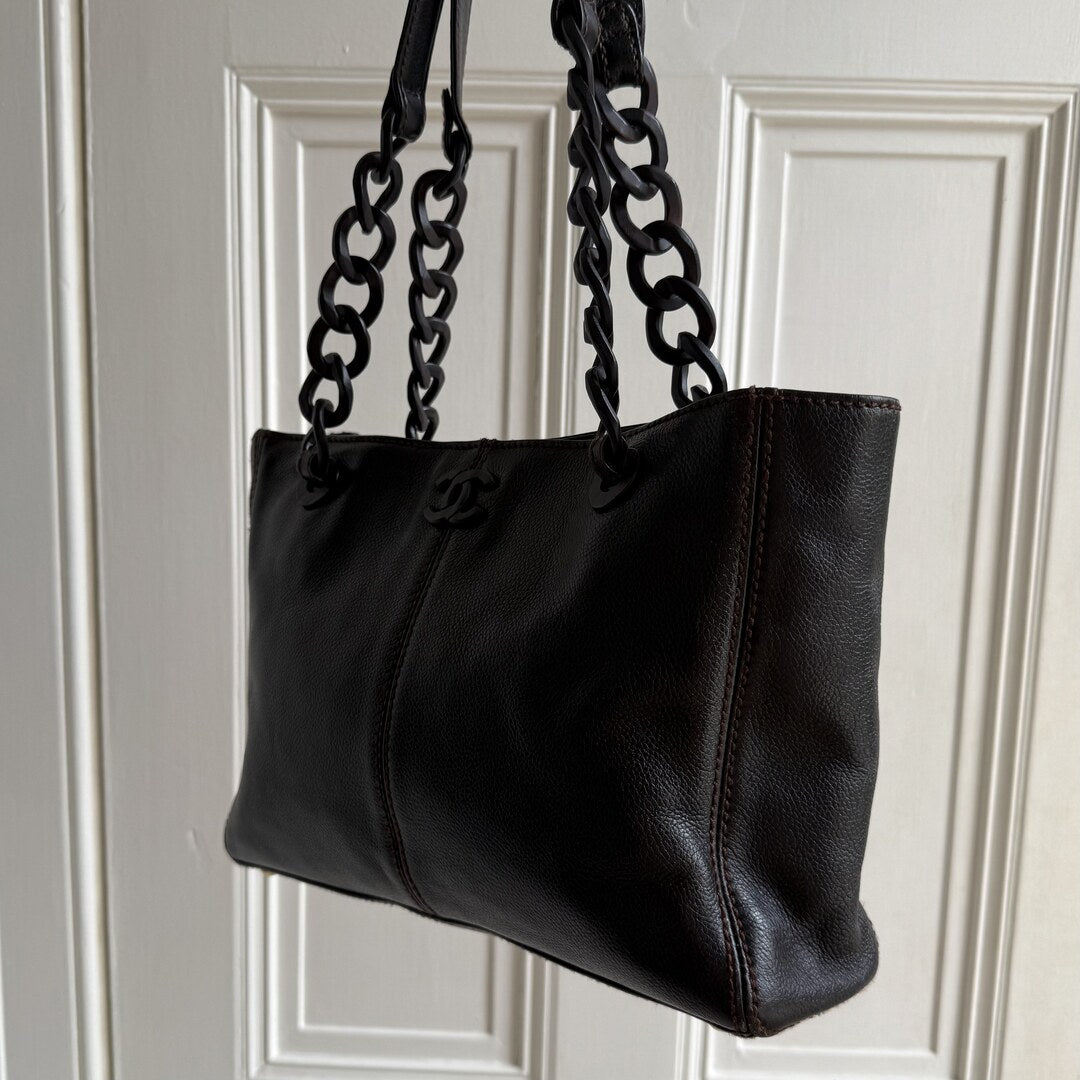 Chanel CC Caviar Leather Wood Chain Dark Brown Tote Bag