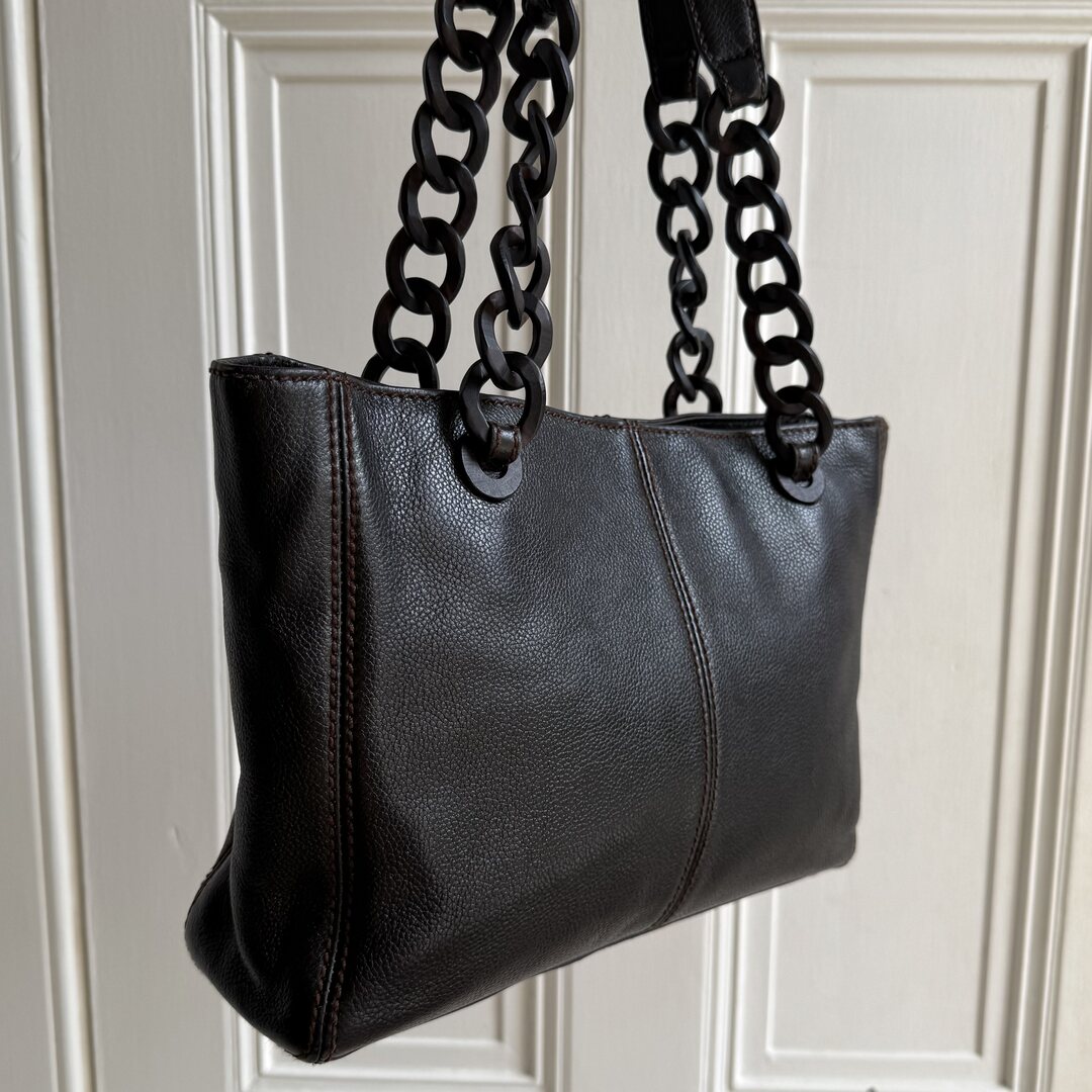 Chanel CC Caviar Leather Wood Chain Dark Brown Tote Bag
