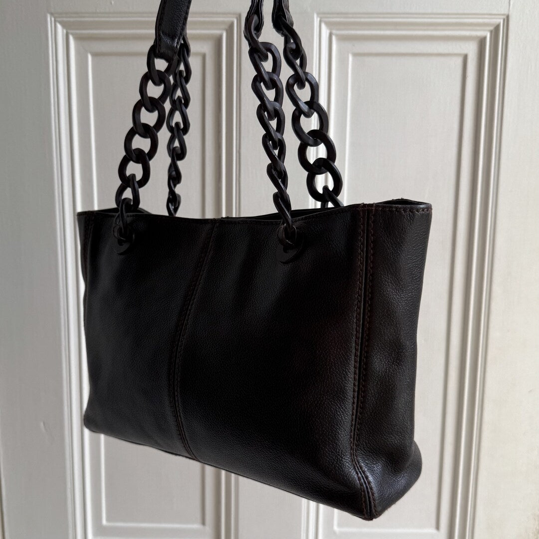 Chanel CC Caviar Leather Wood Chain Dark Brown Tote Bag