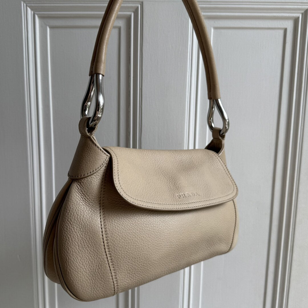 2003 Prada Hobo Leather Beige Shoulder Bag