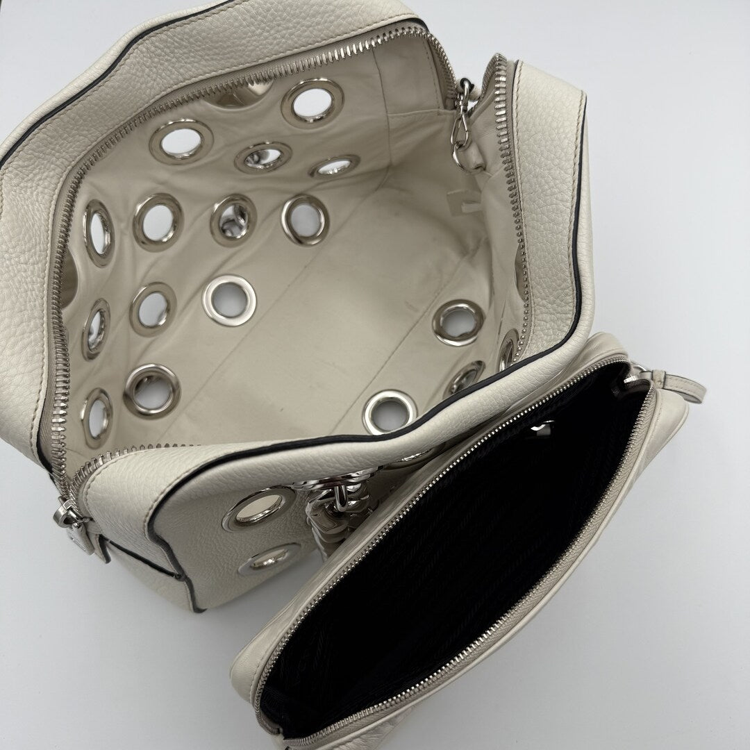 2001 Prada Grommet White Leather Chain Shoulder Bag