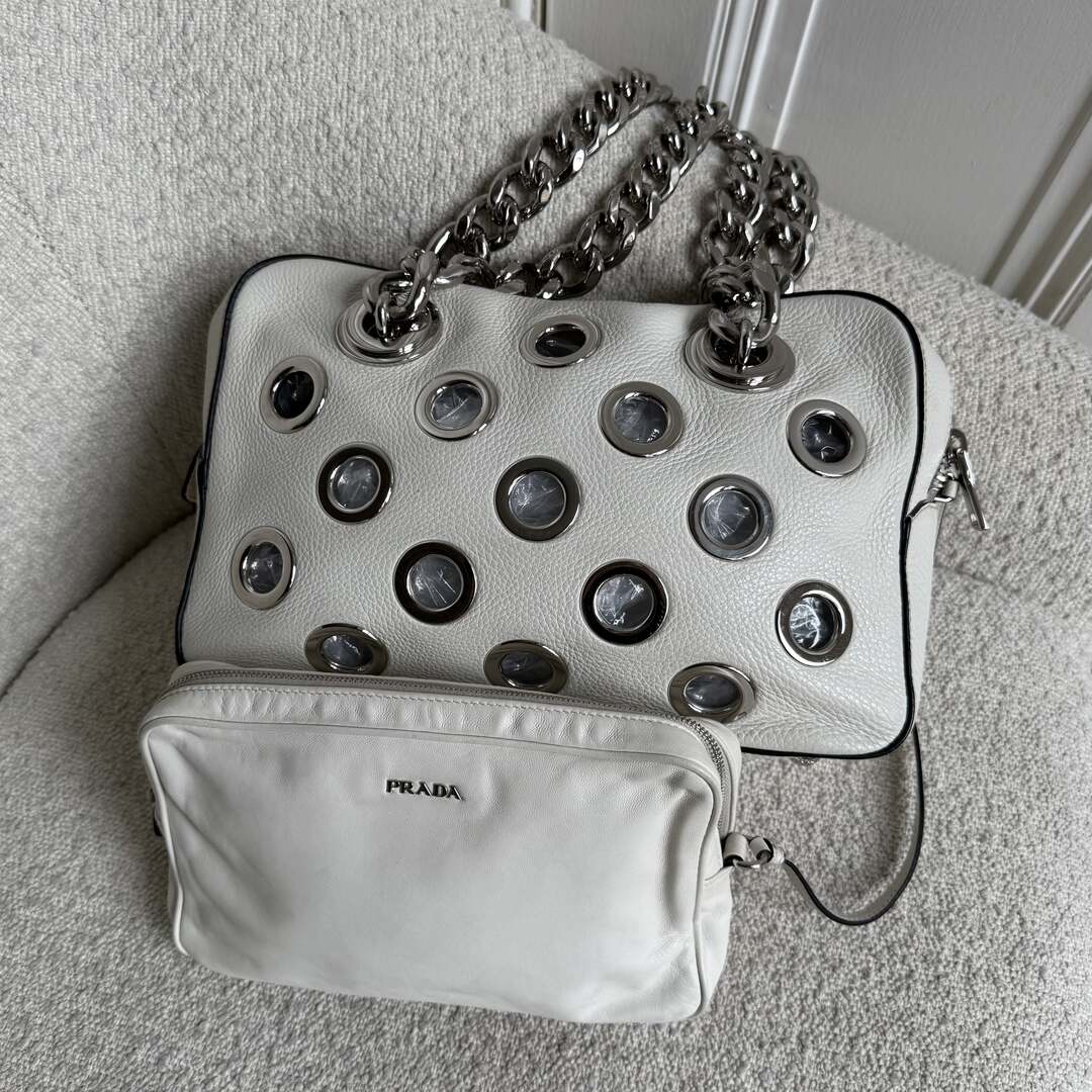 2001 Prada Grommet White Leather Chain Shoulder Bag