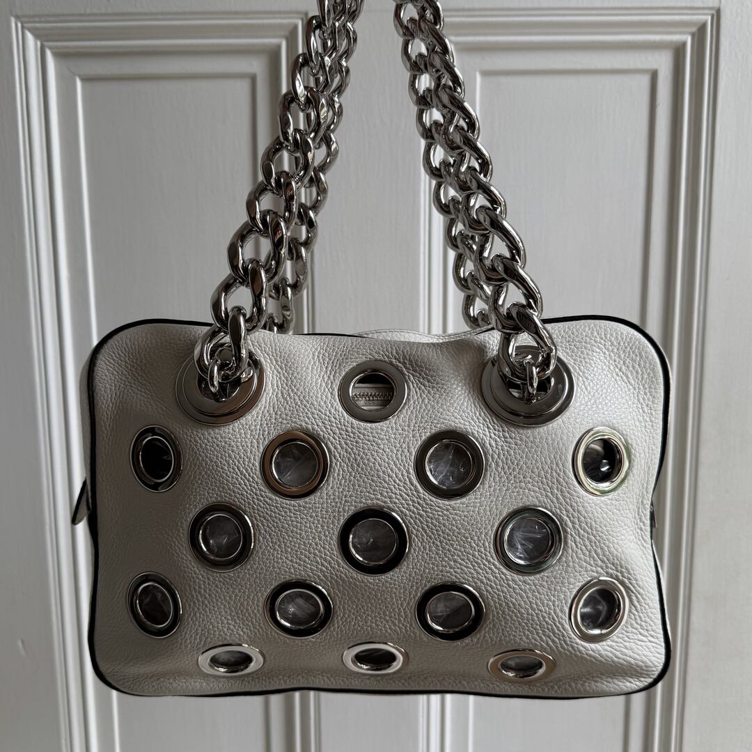 2001 Prada Grommet White Leather Chain Shoulder Bag
