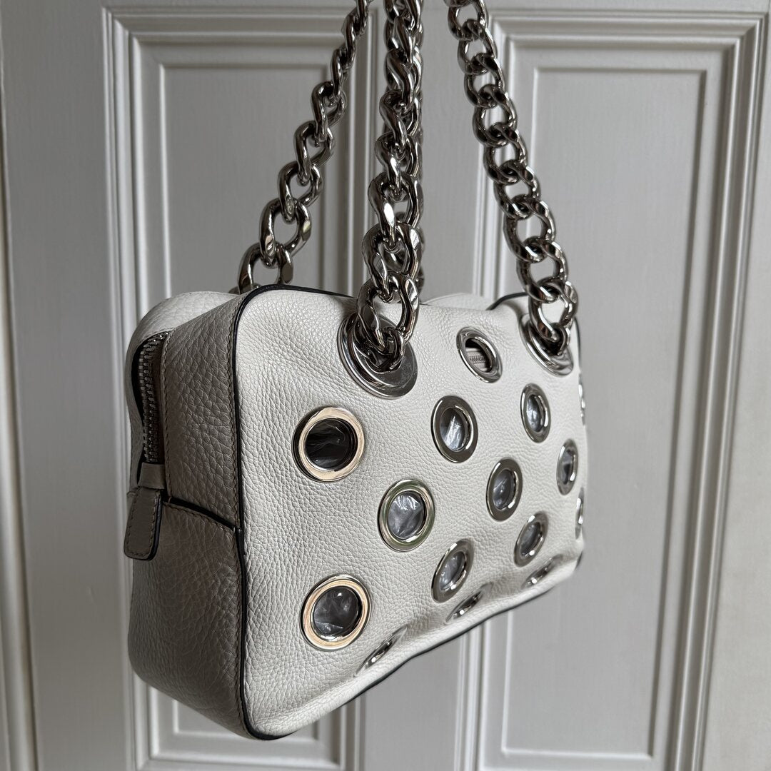 2001 Prada Grommet White Leather Chain Shoulder Bag